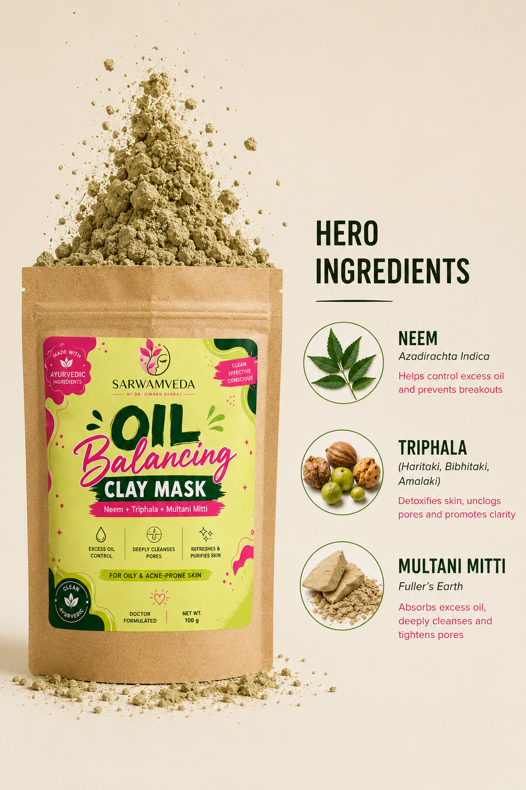 Sarwamveda Oil Balancing Clay Mask | Neem + Triphala + Multani Mitti | 100g