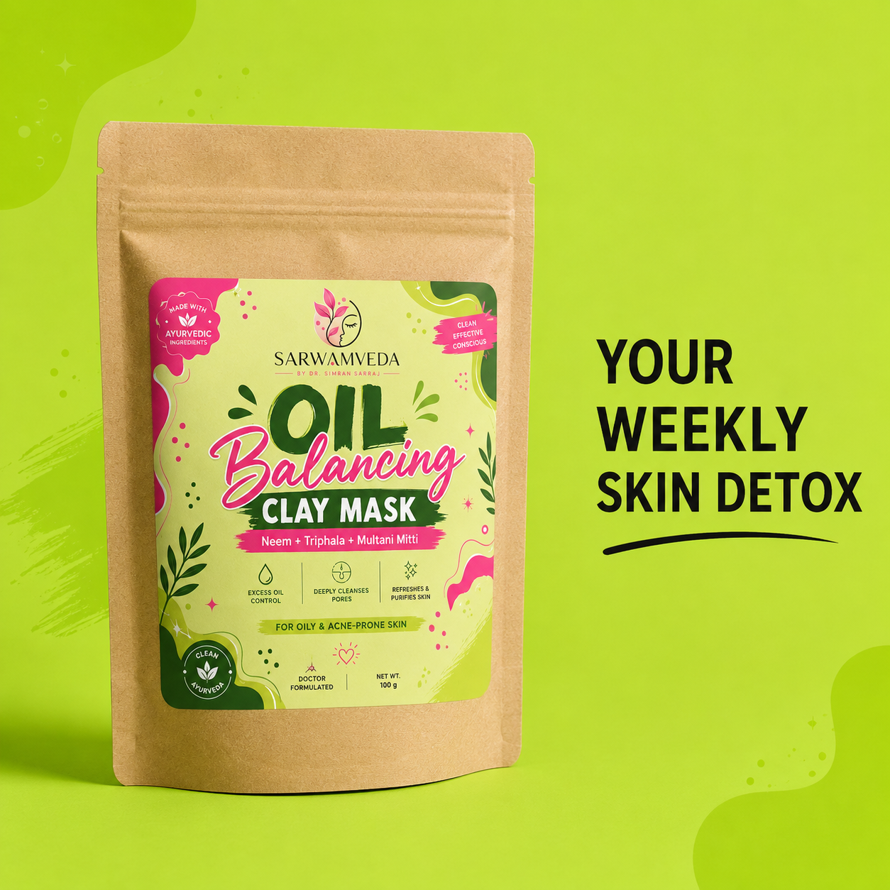 Sarwamveda Oil Balancing Clay Mask | Neem + Triphala + Multani Mitti | 100g